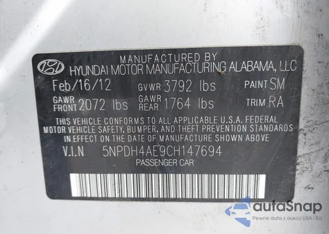 2012 Hyundai Elantra Gls z USA, uszkodzony, nr VIN 5NPDH4AE9CH147694